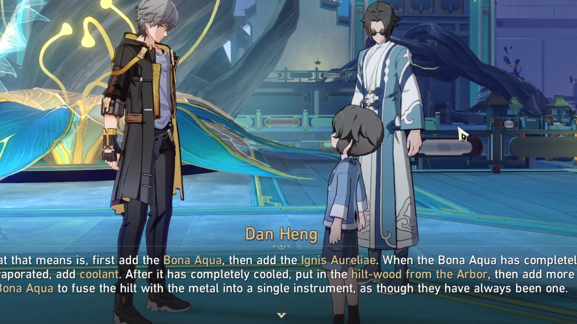 A conversation from part 3 of Hero's Journey questline in Honkai: Star Rail to eventually forge the Divine Weapon