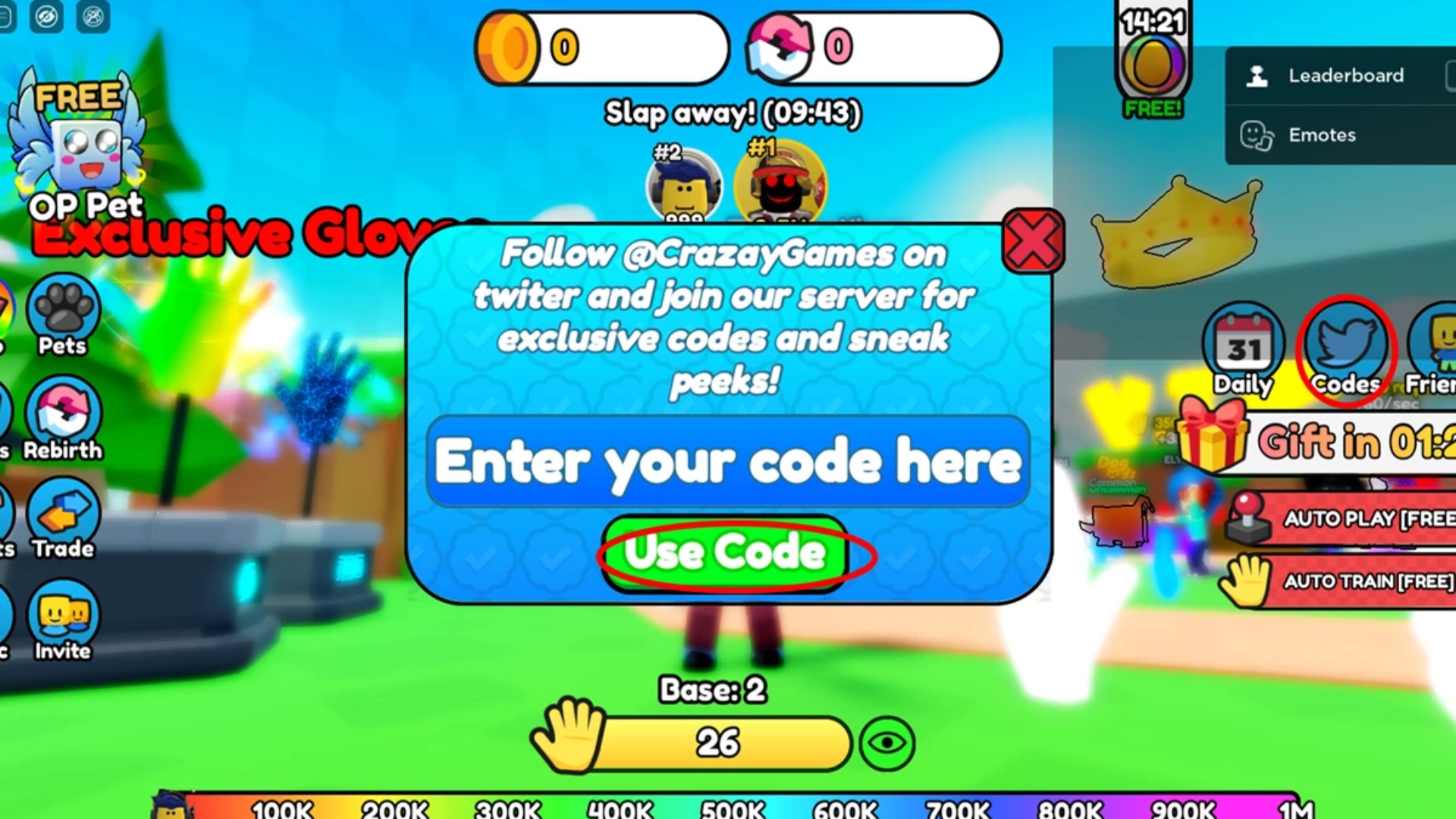 The interface for redeeming Slap a Friend codes.