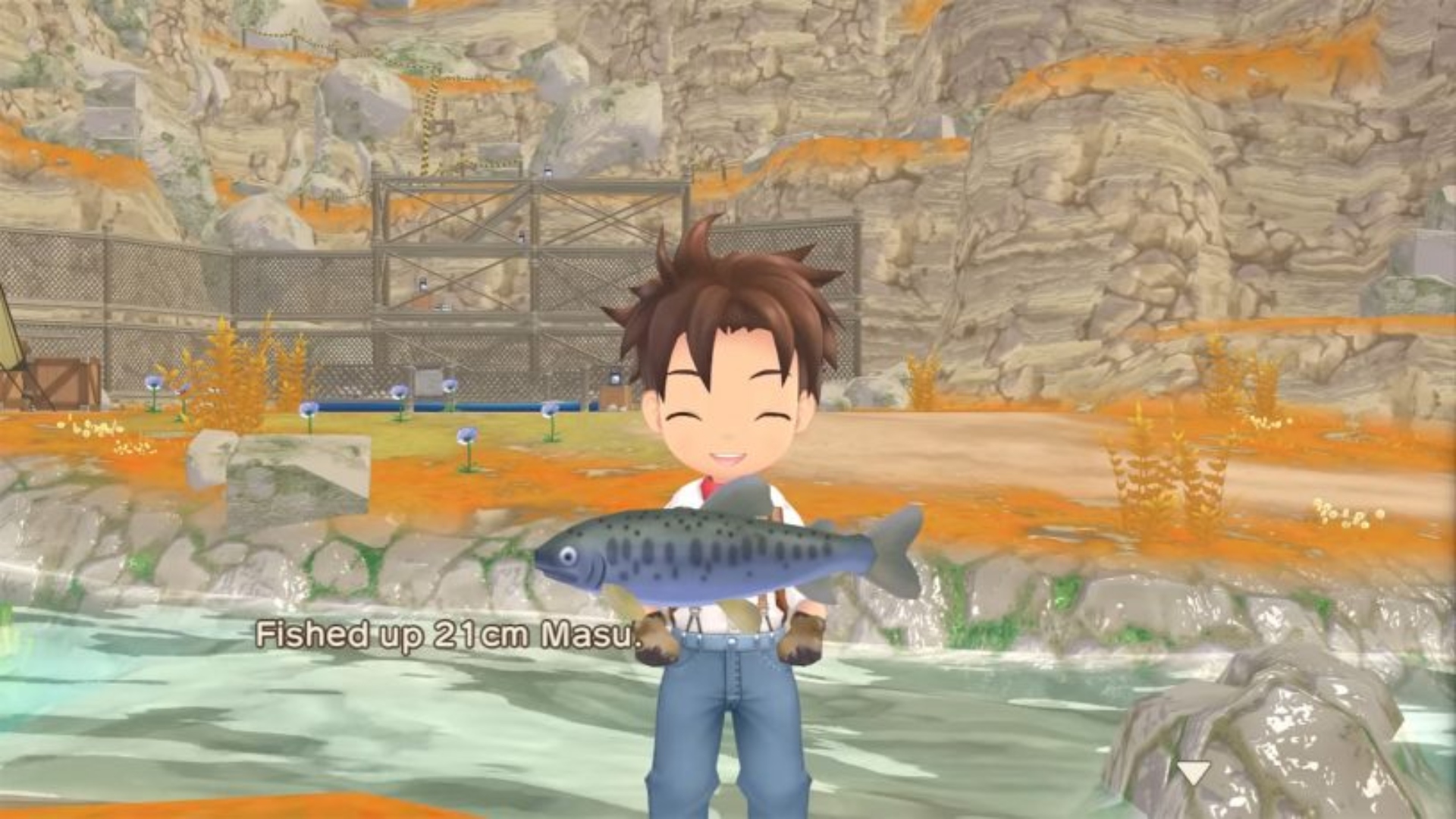 A player fishing up a Masu in Story of Seasons: A Wonderful Life.