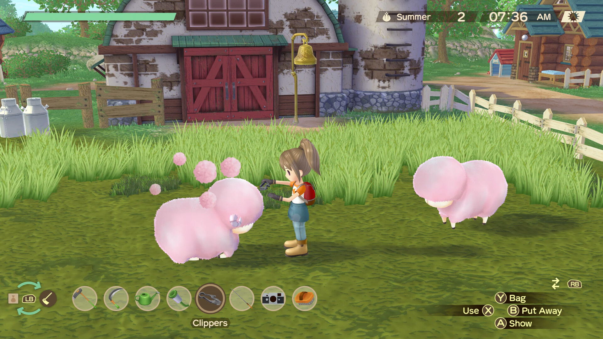 Shearing a sheep in Story of Seasons: A Wonderful Life.