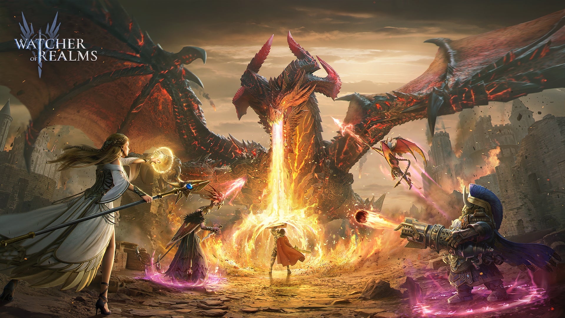 A fight against a dragon creature in Watcher of Realms.