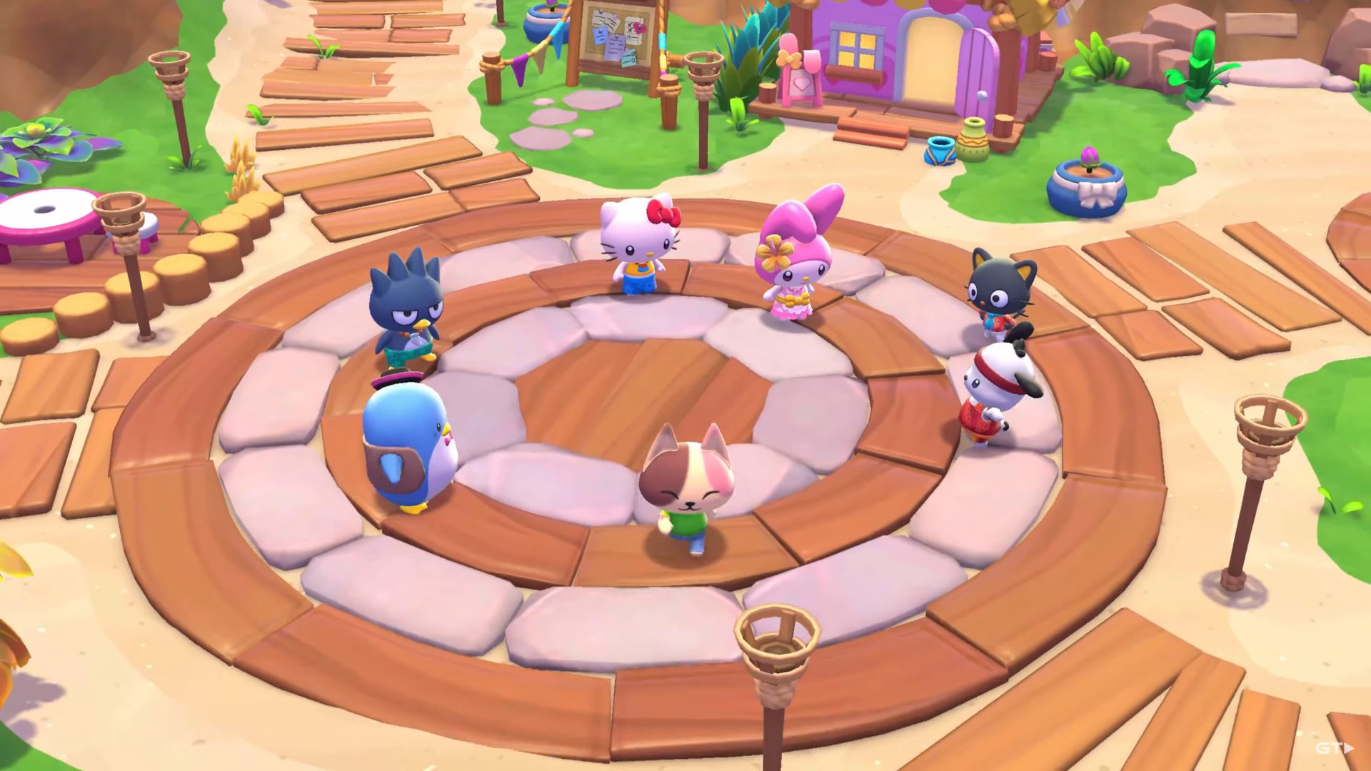 Town square in Hello Kitty Island Adventure with villagers