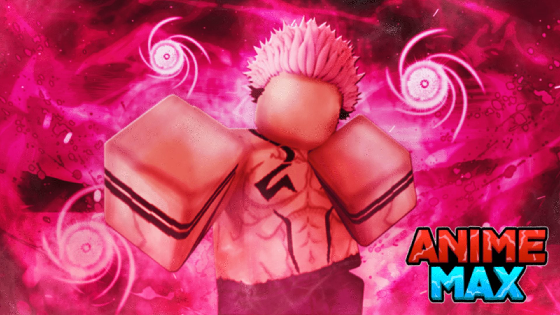 Anime Max Simulator's official art- a Pink haired faceless Roblox character. Anime Max text in the bottom right