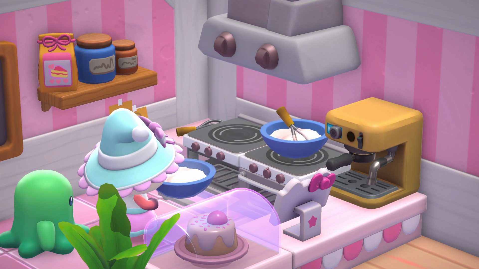 Baking in Hello Kitty's cafe in Hello Kitty Island Adventure