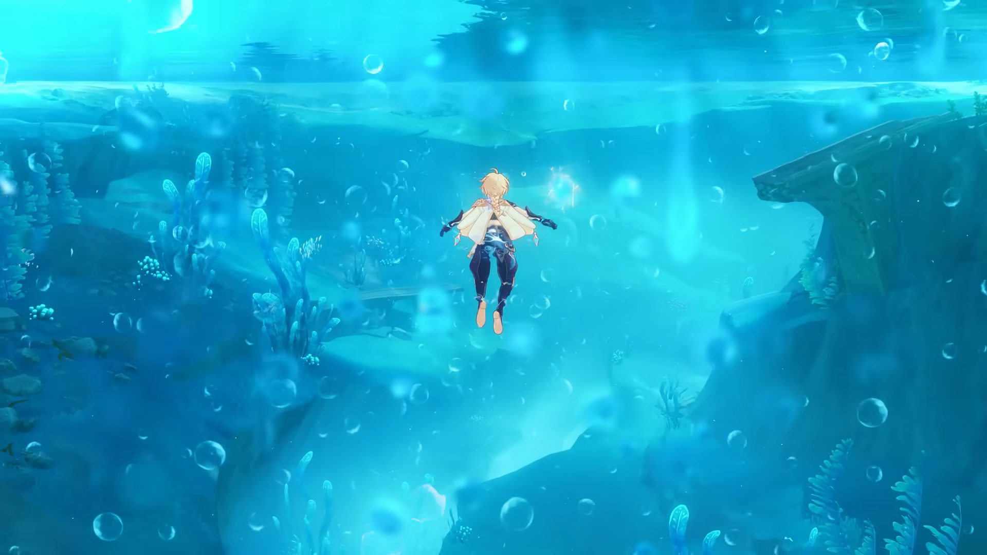 Mika diving into water in Genshin Impact