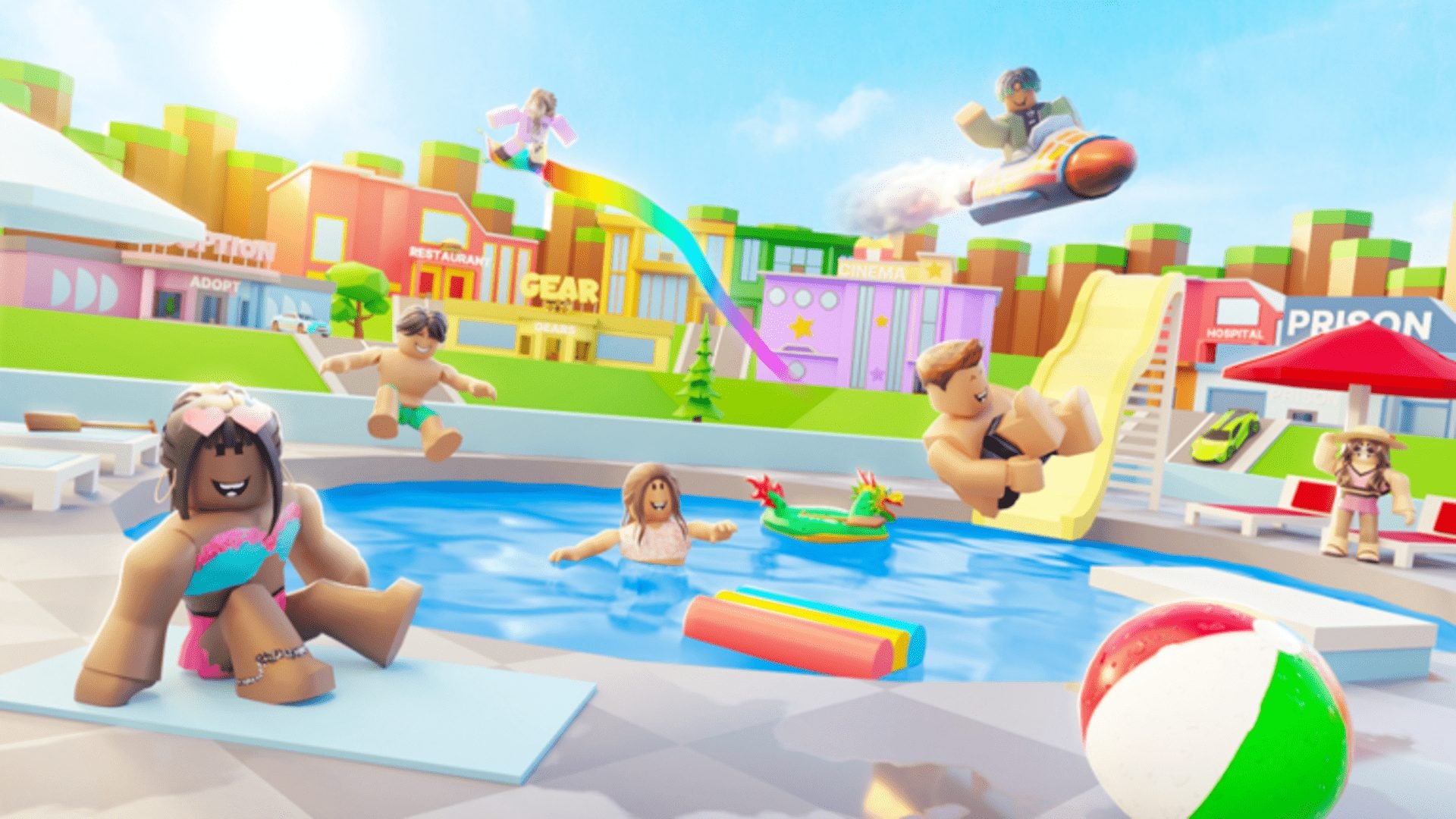 Dream Life pool party with multiple Roblox characters.