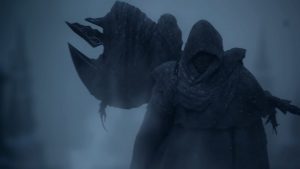 FFXIV hooded figure walking through snowy Coerthas Highlands in Heavensward