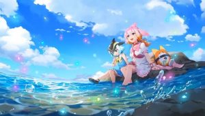 Kemono Friends characters sitting by the water.