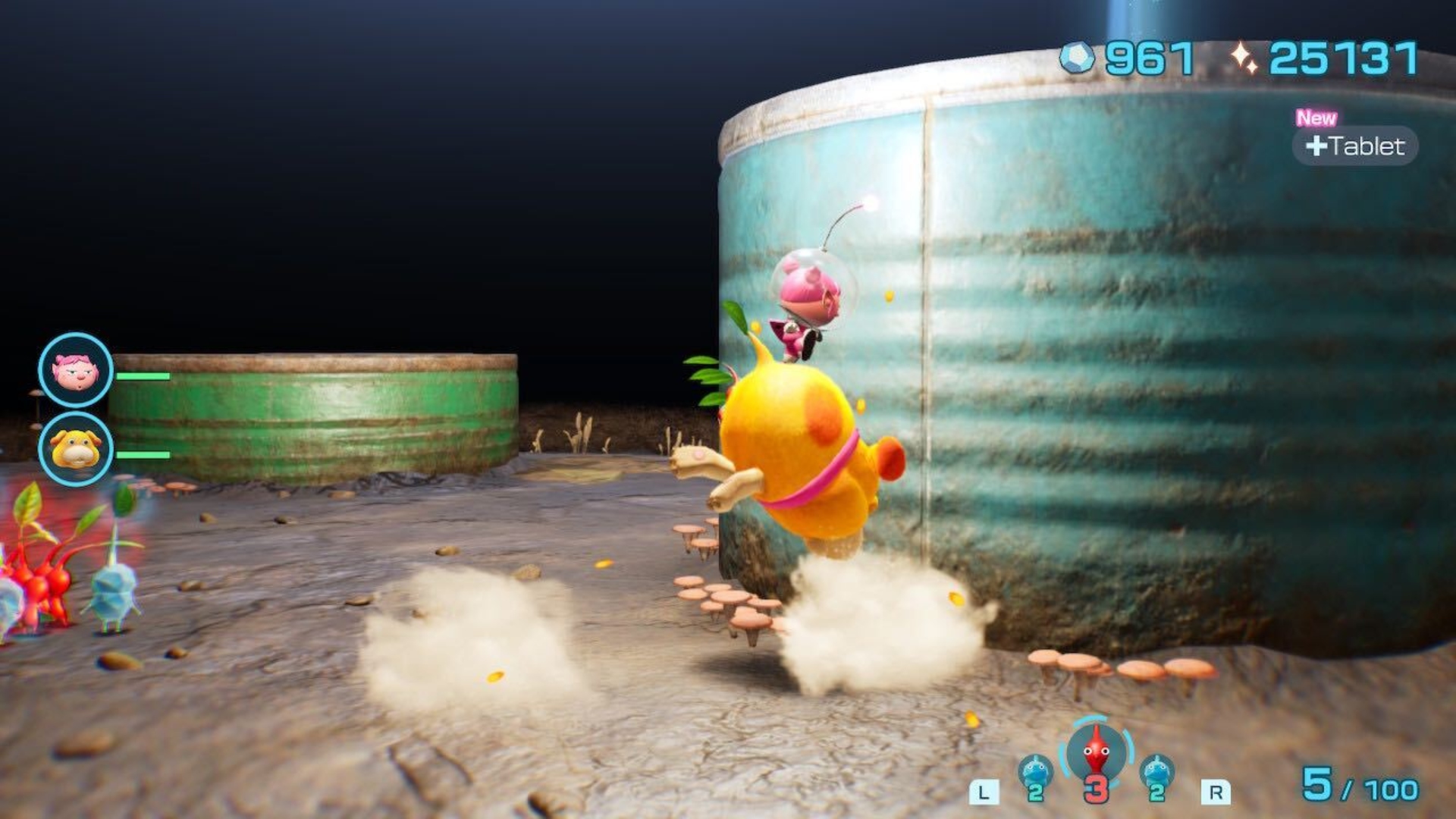 Oatchi charging to save the Hectic Hollows Castaway in Pikmin 4.