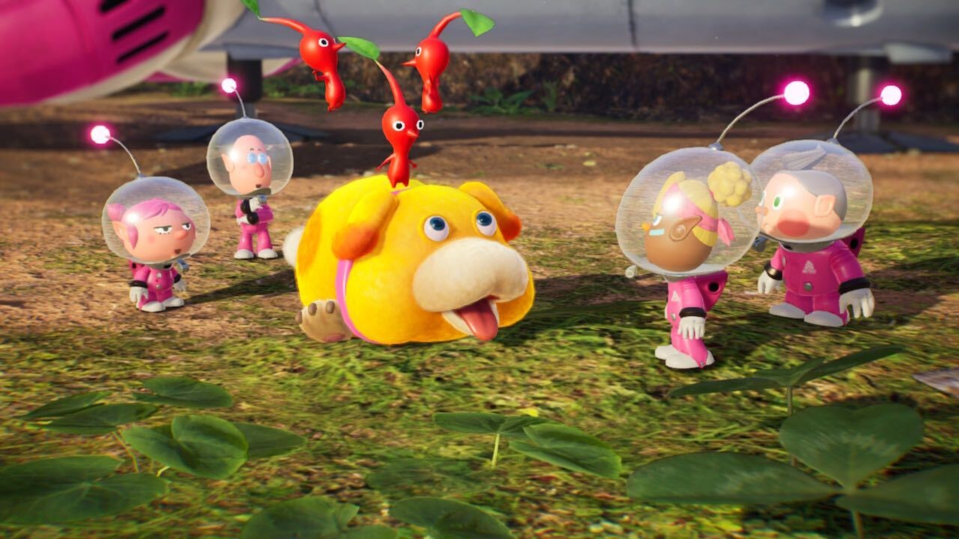 Oatchi and Pikmin characters at the main Pikmin 4 base.