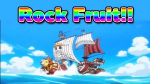 ship from One Piece with Rock Fruit in rainbow font above