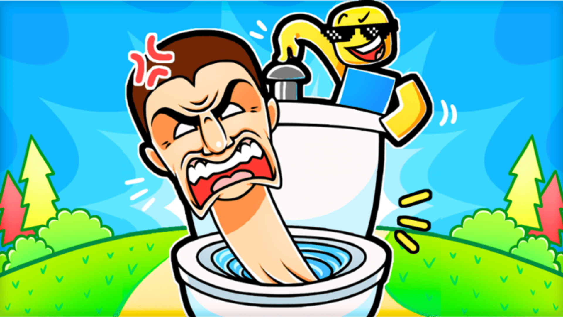 Angry head in a toilet being flushed by a Roblox character in Skibi Battle Simulator art
